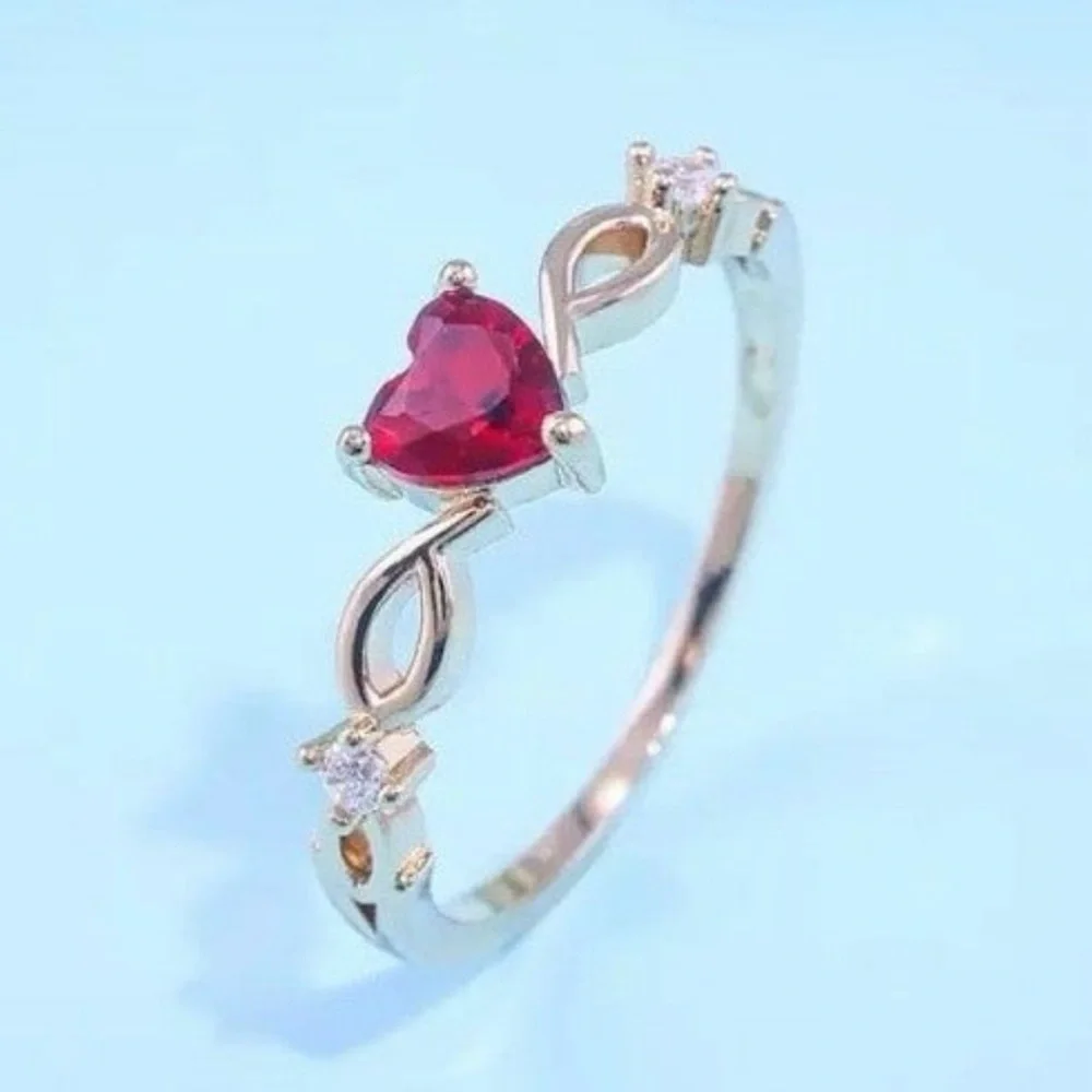 NEW Dainty Gold Heart Ring with Red Gemstone size 7